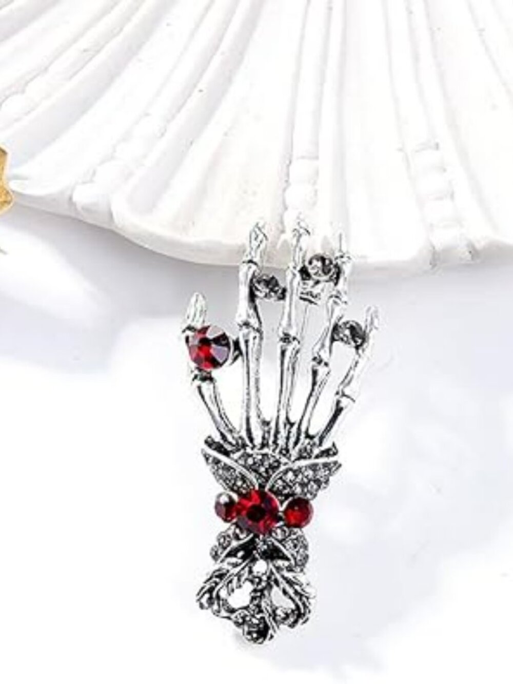 NEW Skeleton Hand Lapel Brooch Pin Rhinestone Red Crystal Skull Goth Punk Y2K